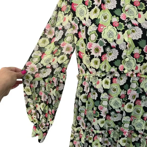 Cinq A Sept Lucille Tiered Ruffle Floral Midi Dress Abstract Green Prairie 0 NWT - Picture 9 of 15